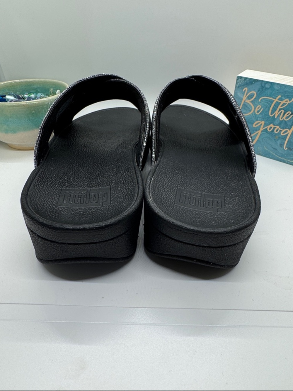 Fitflop LuLu, Black Iridescent Crystal Cross-Band Slides - Picture 5 of 9